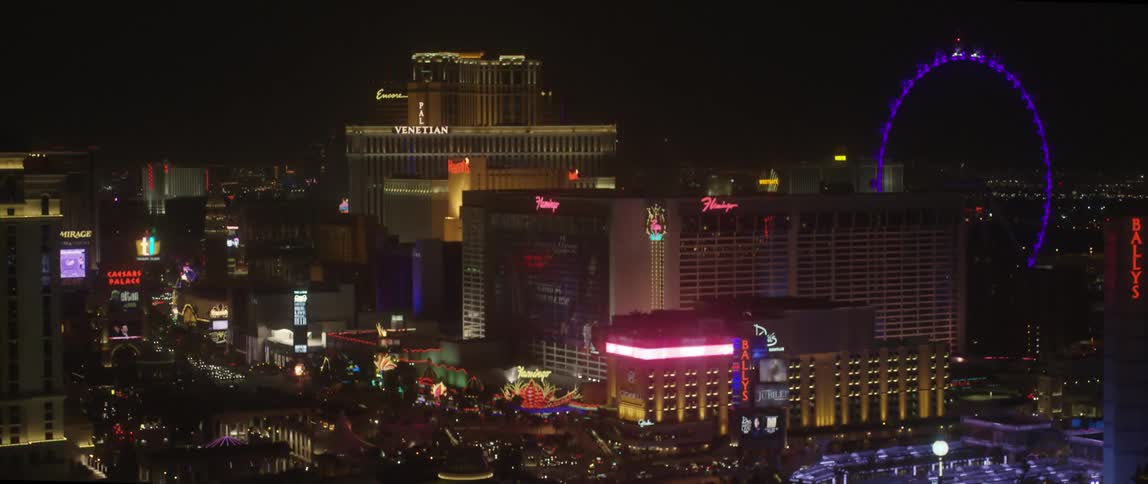 An elevated view of large hotels and casinos in las vegas at night