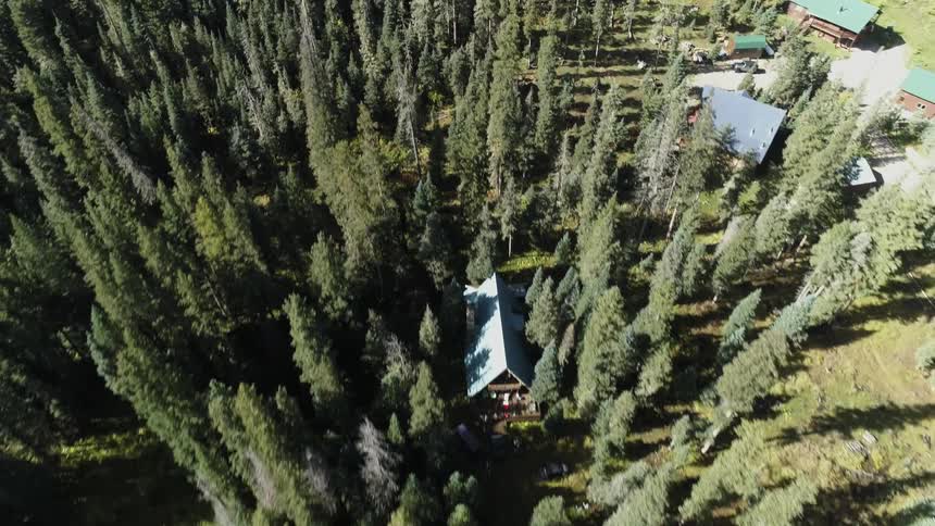 The rooftops of homes at the base of a mountain forest