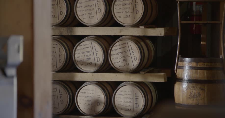 Barrels stacked in a warehouse
