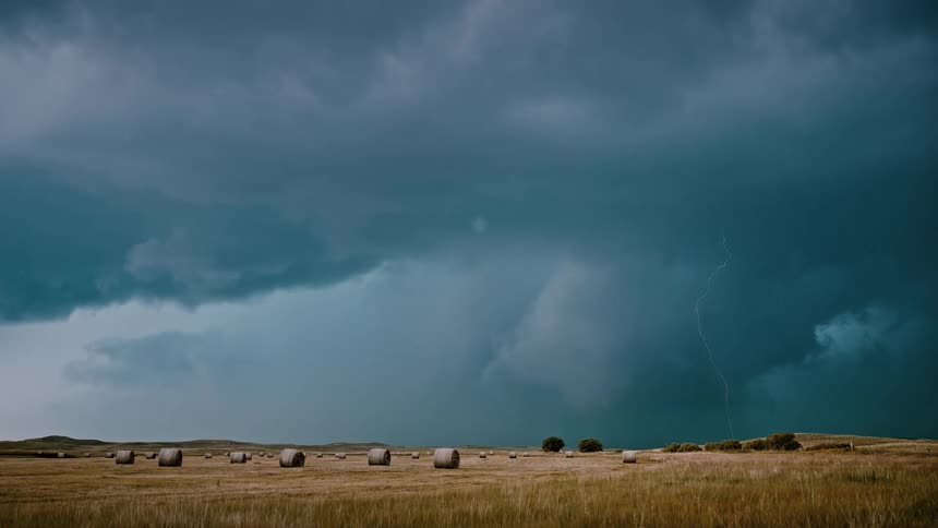 Hay bales in a field on a stormy day