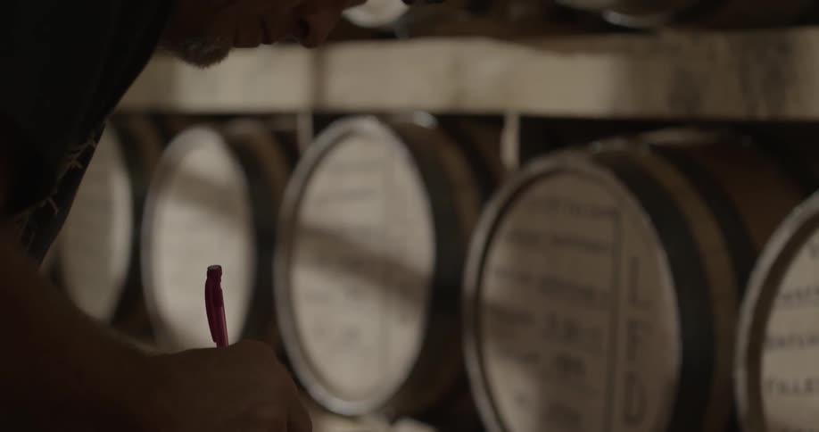 A man is looking at barrels in rows and noting information on a writing pad