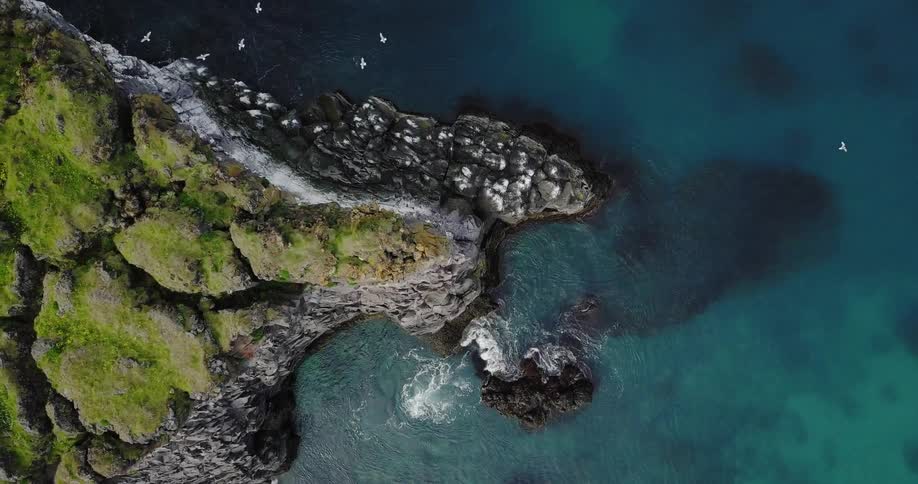 Birds fly near a narrow cliff above the ocean