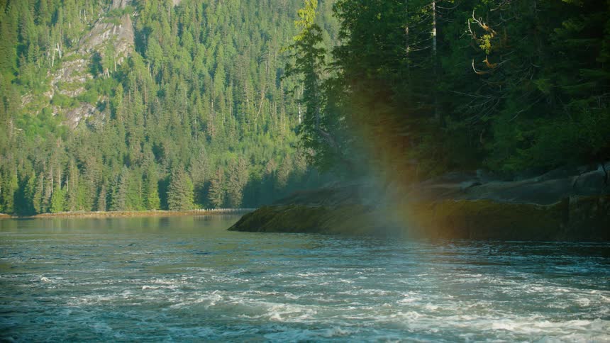 Rainbow shines over a river on a sunny day