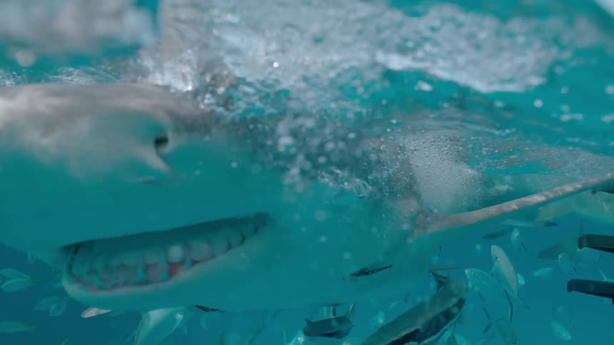Fish and sharks swim just beneath the ocean's surface