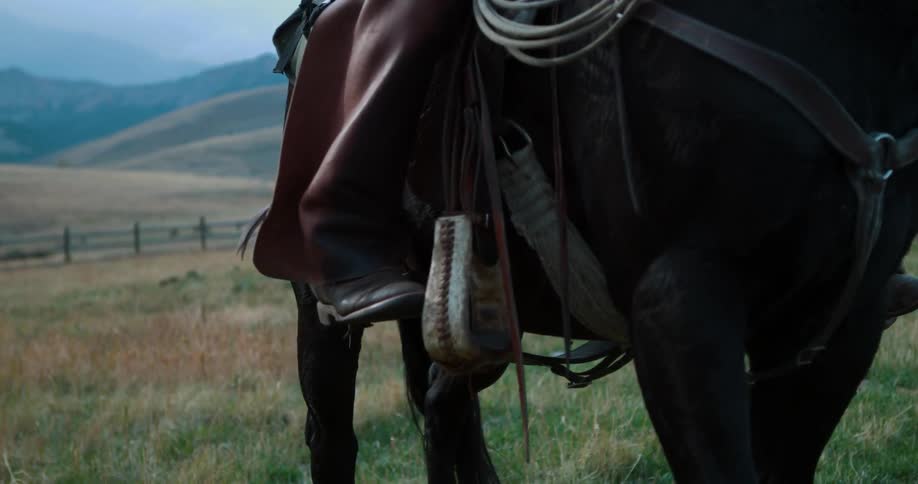 A cowboy rides a saddled horse in a rural area