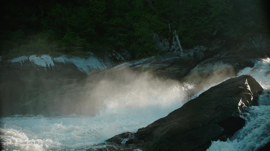 River water rushes past and over rocks