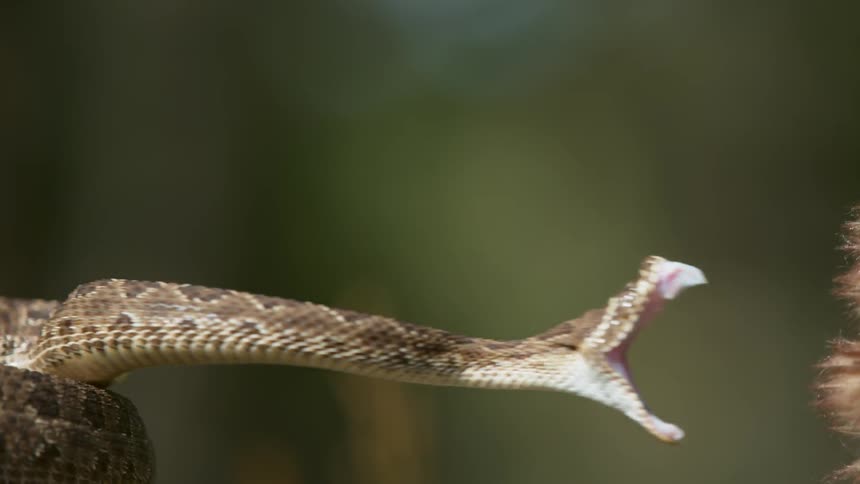 A snake bites a furry animal