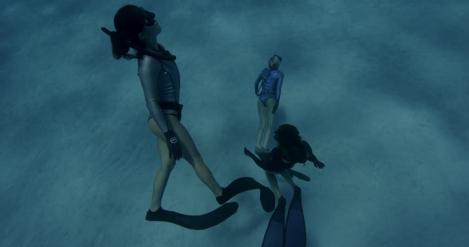 Three female free divers swim in the ocean