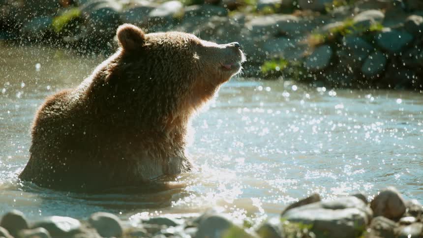 Water droplets fall around a bear sitting in a river