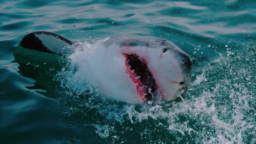 An open mouthed shark follows the bait out of the water
