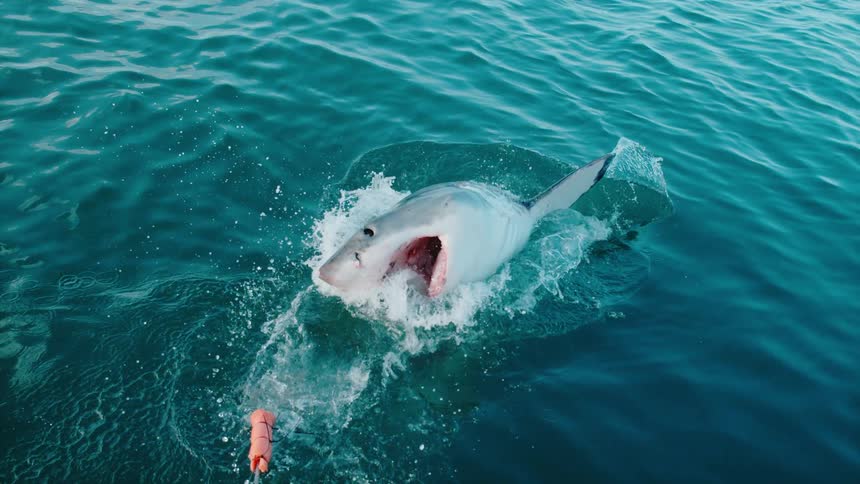 Shark jumping out of the water diving at bait