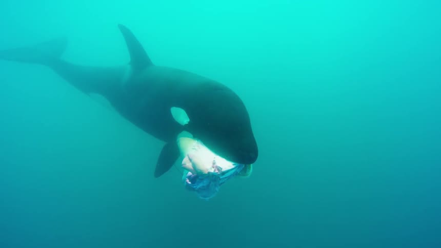 Two orca swimming, one holding a stingray