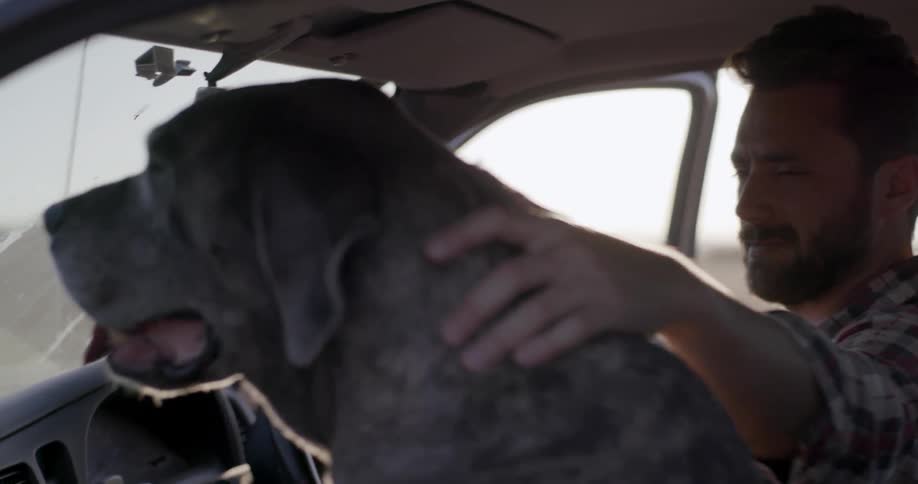 Man sits in a truck petting his dog