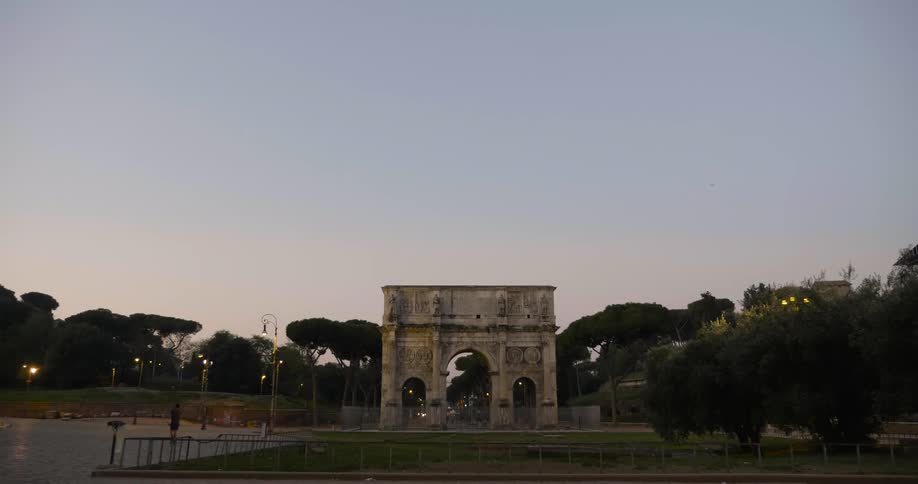 View of a city park at sunset