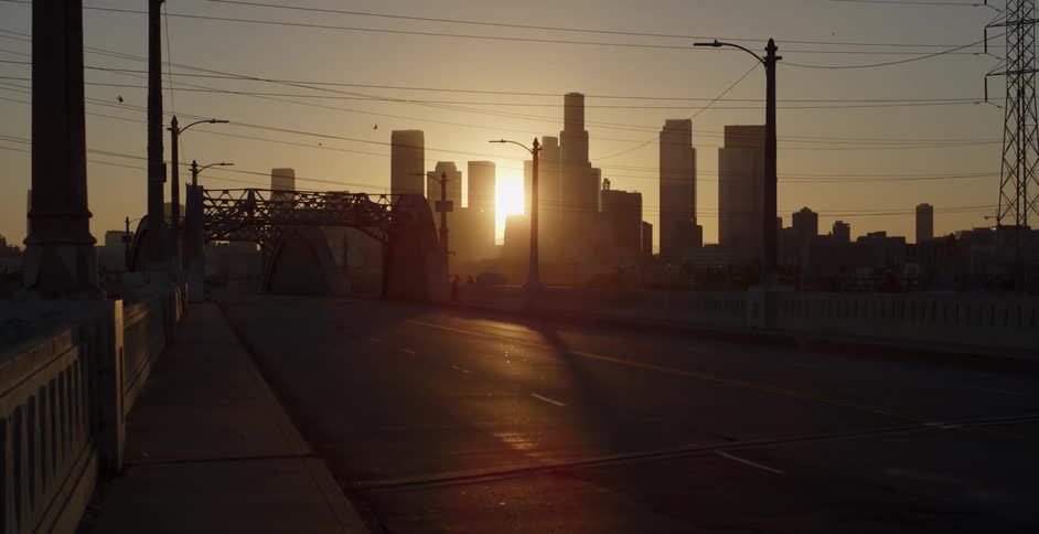 Birds fly above the bridge as the sun shines