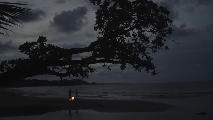 Two people at the beach dancing in front of a fire