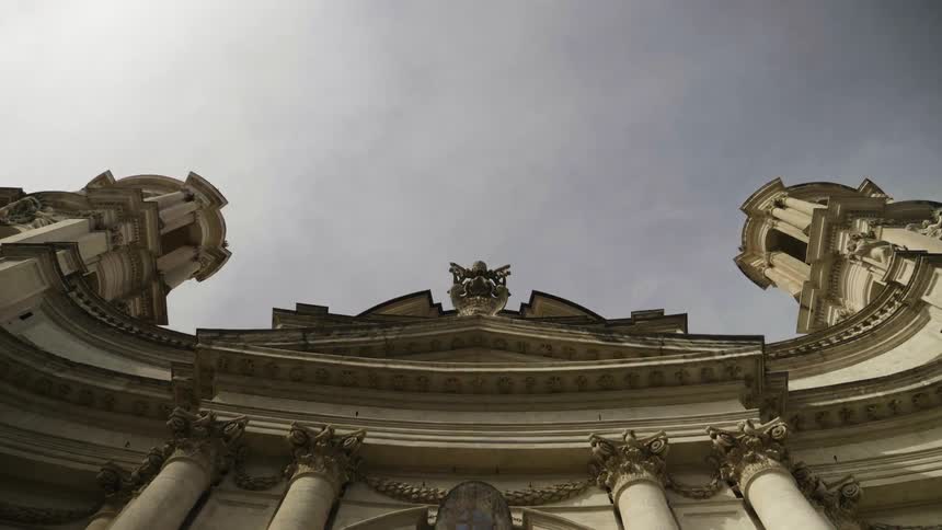 View looking up at an old stone building