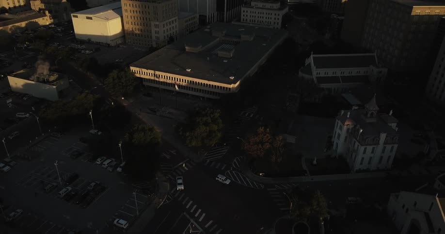 View of large skyscrapers in a city at sunset