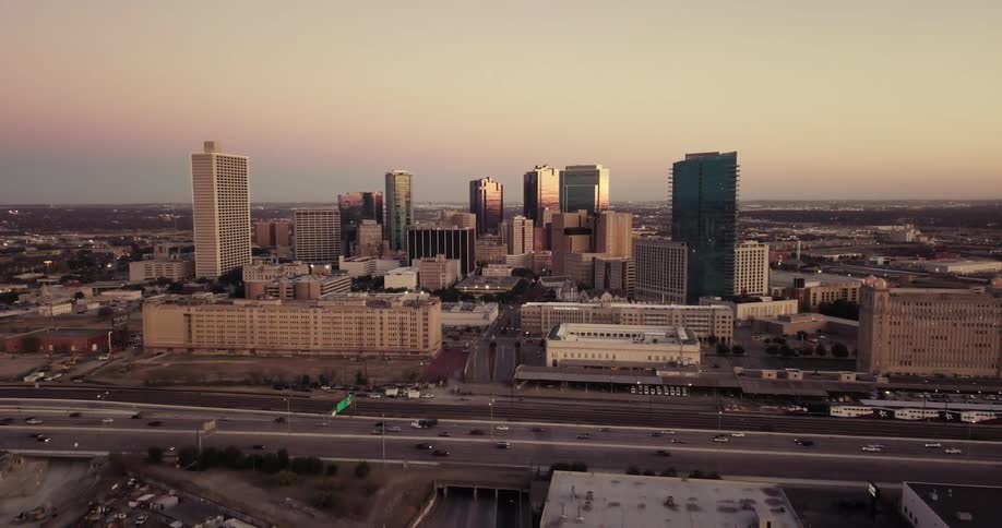 View of a large city at sunset
