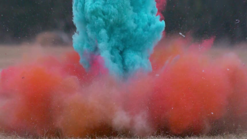 Blue and red powder exploding in the middle of a field
