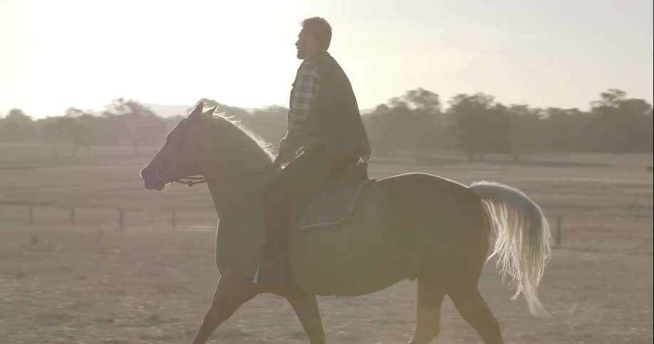 A man is riding a horse on a farm