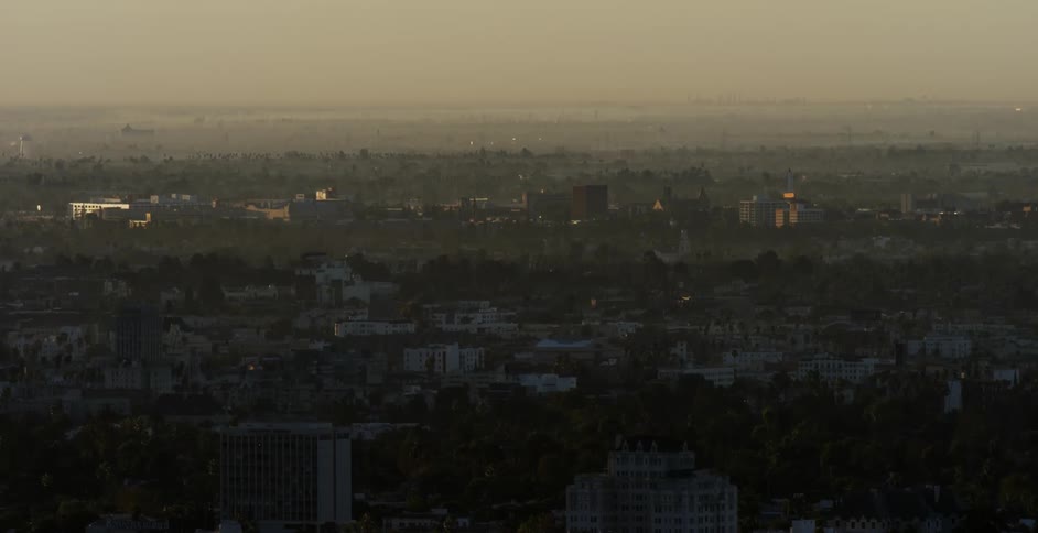 A dense city on a foggy day