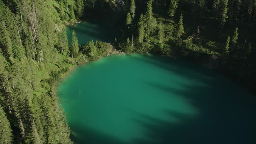 The lake is calm and surrounded by trees