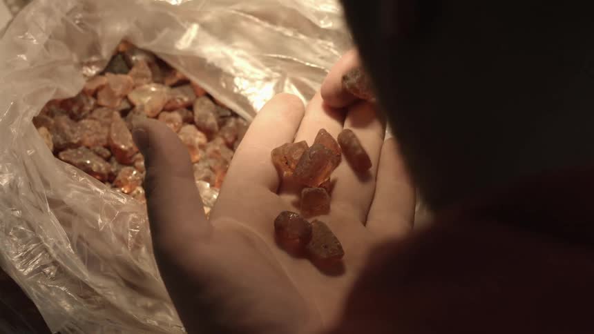 A man picks through yellow rocks