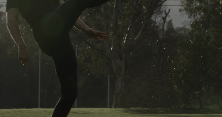 A person kicks a soccer ball