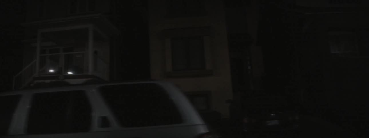Cars parked in front of homes of a neighborhood at night