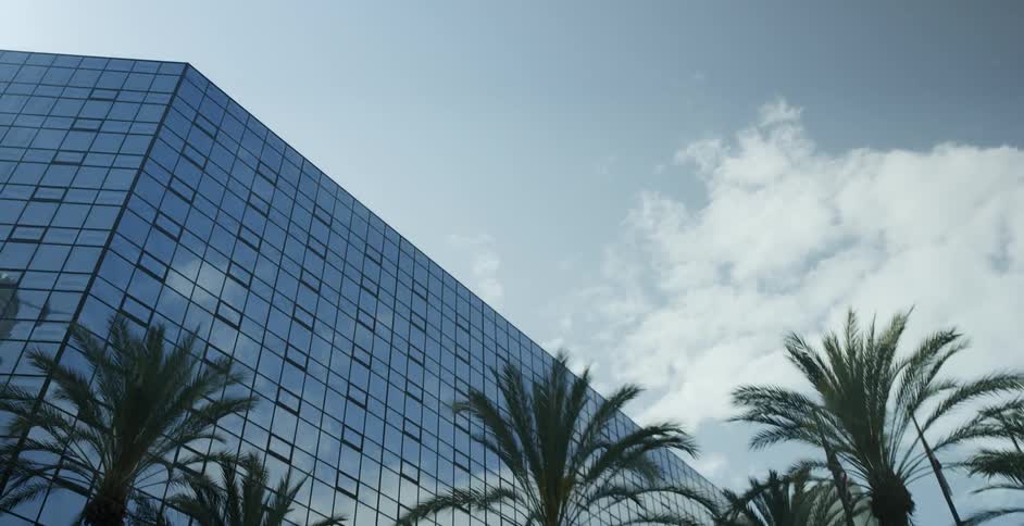 An office building with palm trees out front