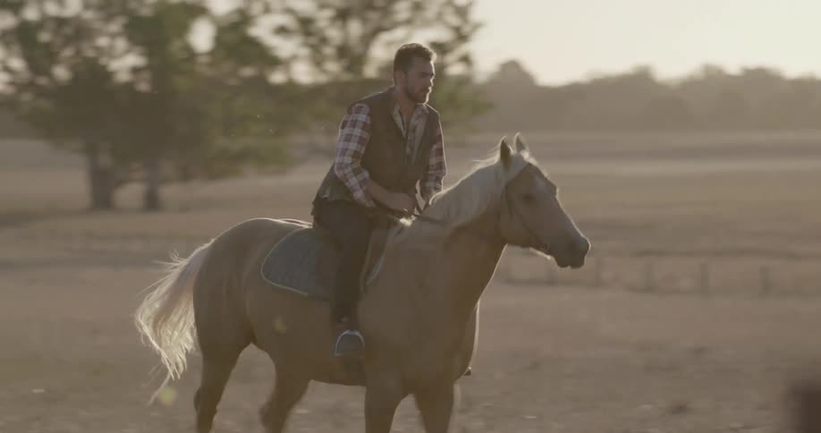 A man is riding a horse across the field