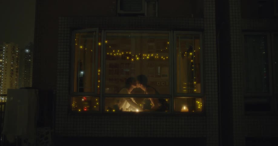 A couple kiss near a window