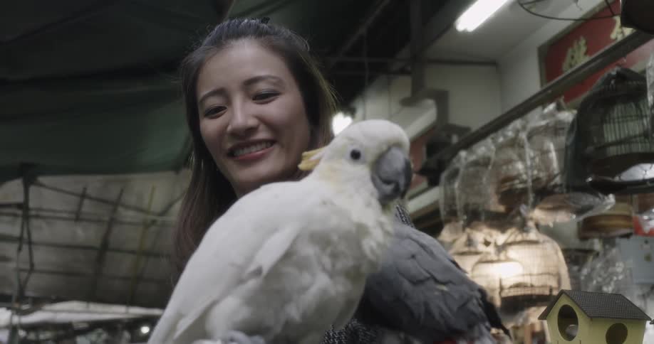 A woman holds two birds in a pet shop