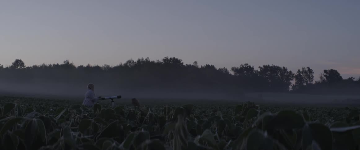Woman motioning a girl to come look through a telescope in a field