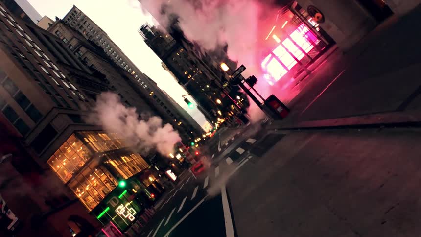 The building on the corner in this city is on fire