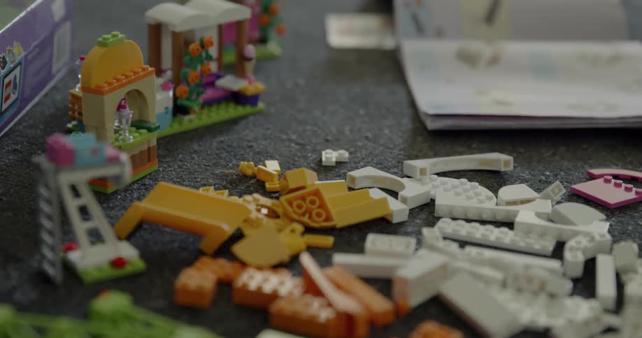 Lego-style bricks and a book are spread out on a carpeted floor