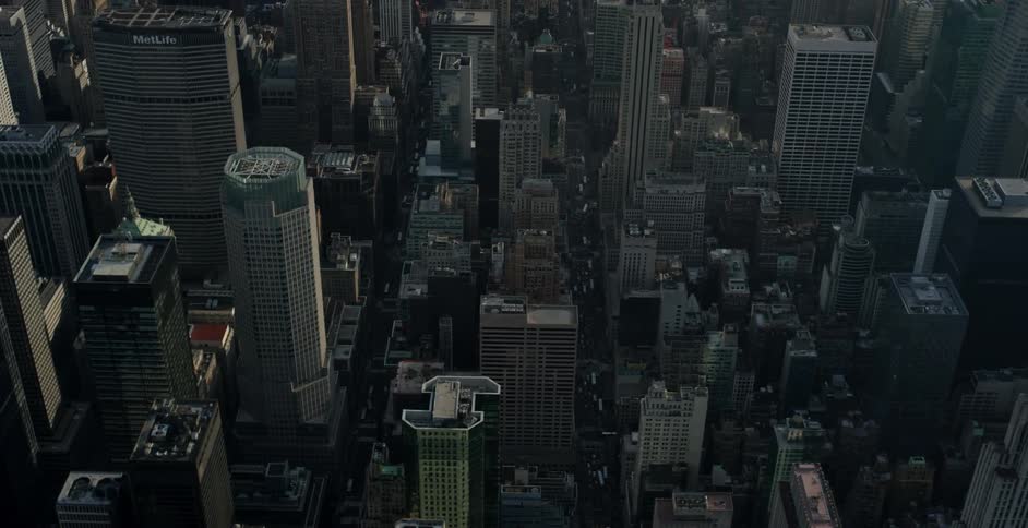 Flying over a city skyline