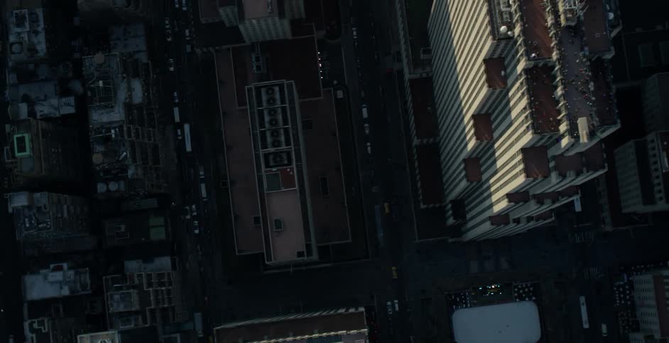 Birds eye view of city buildings and streets