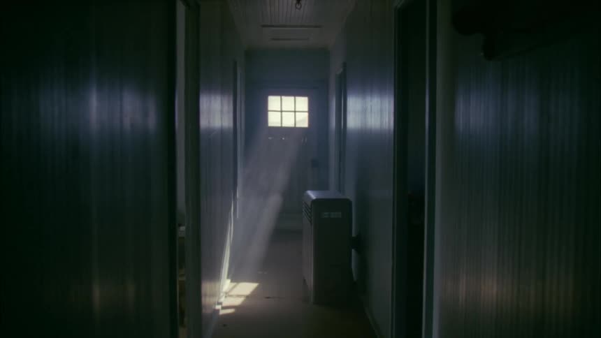 The hall is dark with light coming in the window