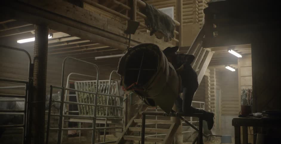 A man climbs up to get on a mechanical bull