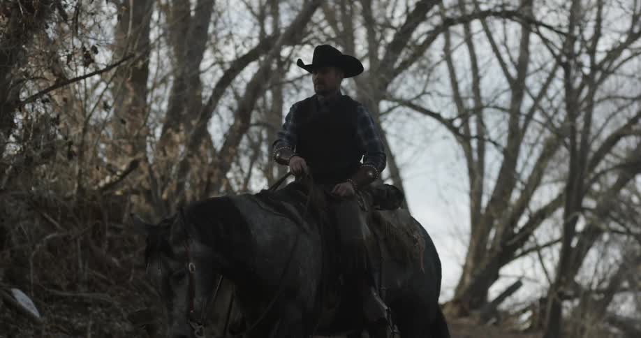 A man riding a horse moves slowly in the shallow water