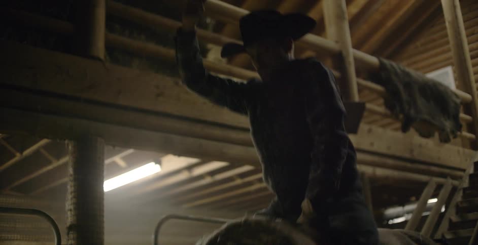 A cowboy rides a mechanical bull with one hand up