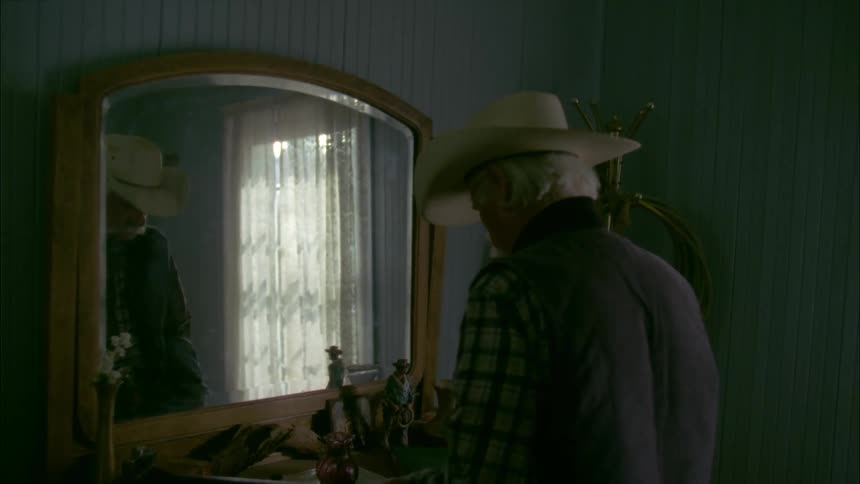 A man with a cowboy hat is sitting in a house looking out the window
