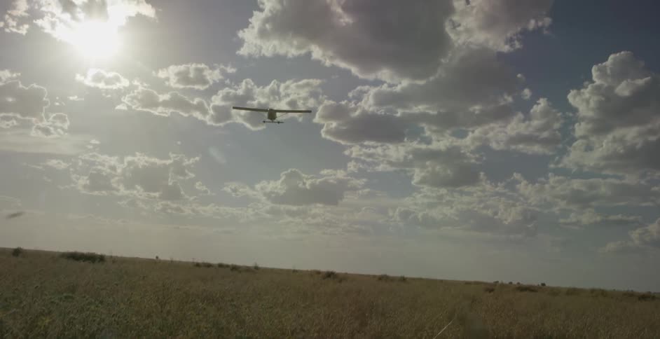 An airplane flies over a field of grass and flowers