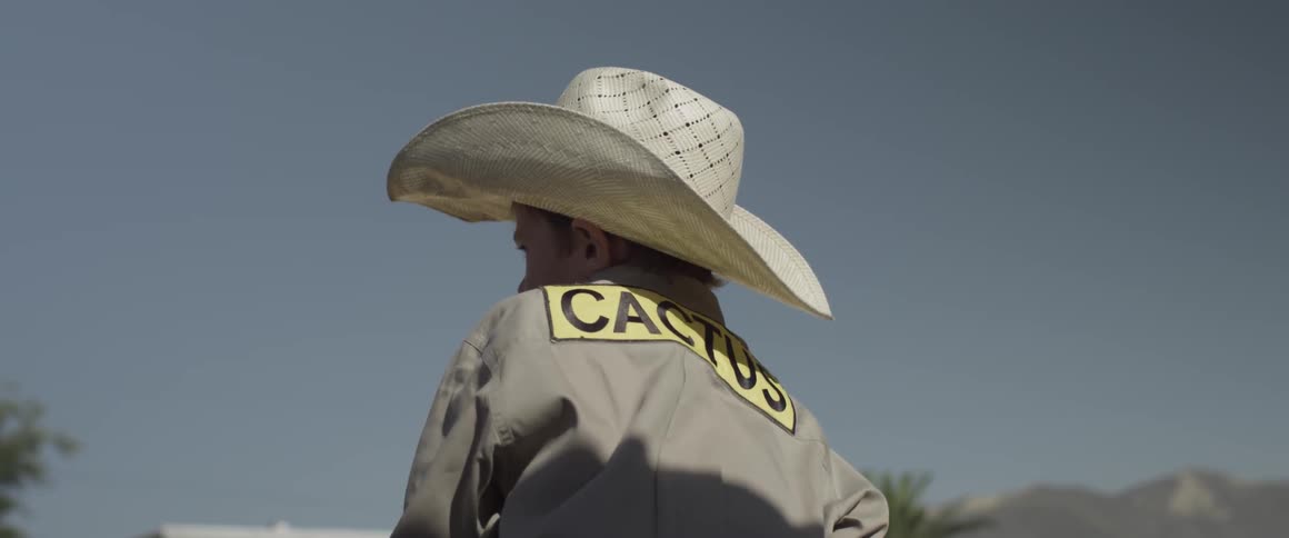 A little boy wears a cowboy hat in the sun