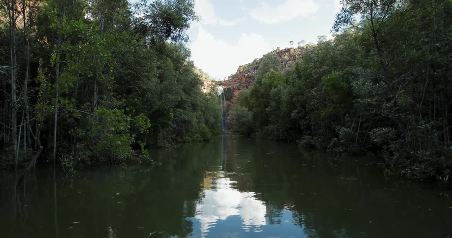 A waterfall cascades over a cliff into a tree-lined river