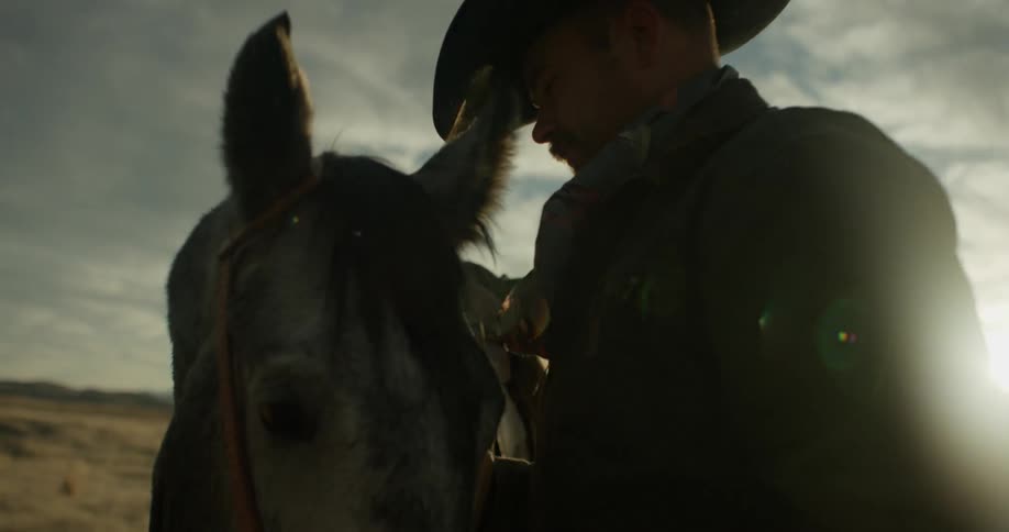A cowboy adjusts the reins on his horse