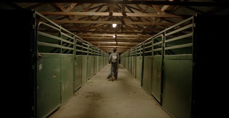 Cowboy walks down the aisle of a barn