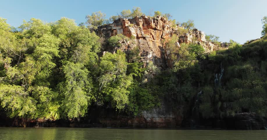 Trees and bushes cling to the side of a cliff near a body of water